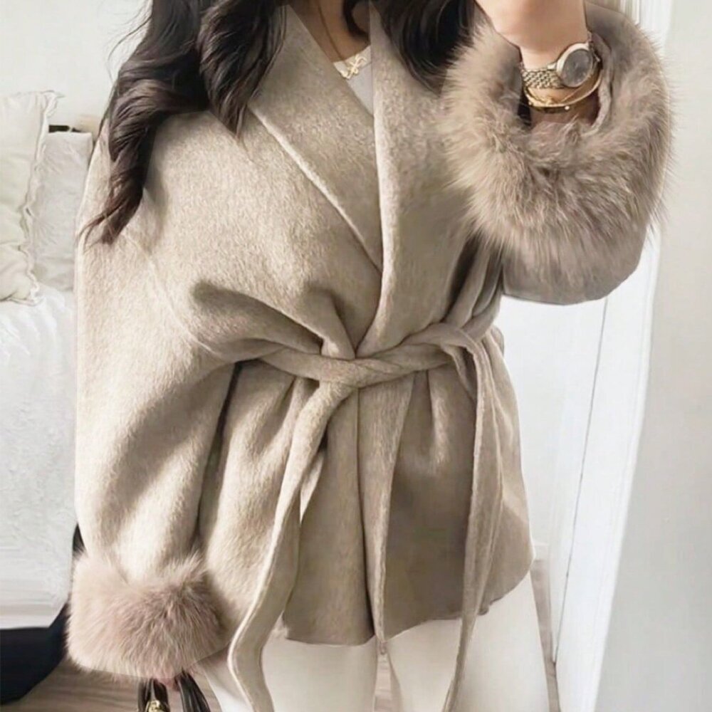 Khaki Casual Women's Elegant Long Sleeve  Faux Fur trimmed Warm jacket Coat - Picture 4 of 9